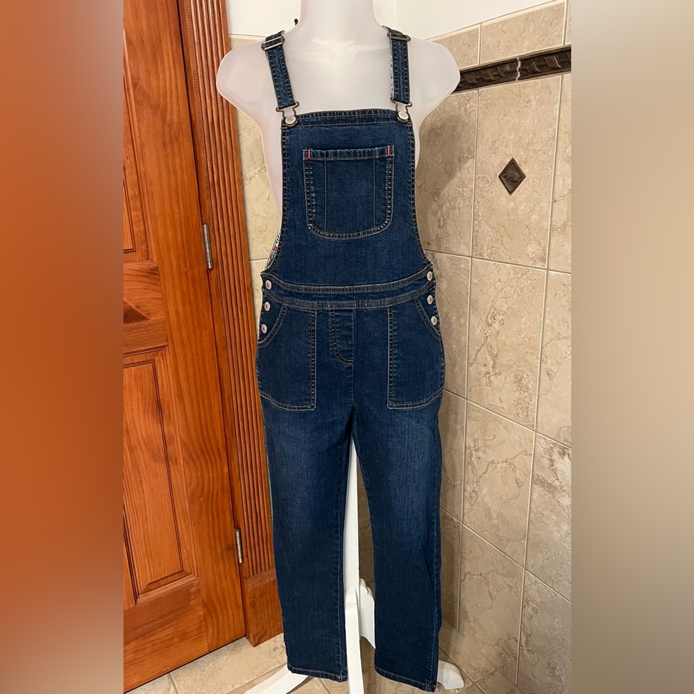 NWOT Boden Girls Floral Lined Denim Overalls Skinny Jeans Deep Blue Size 11-12Y